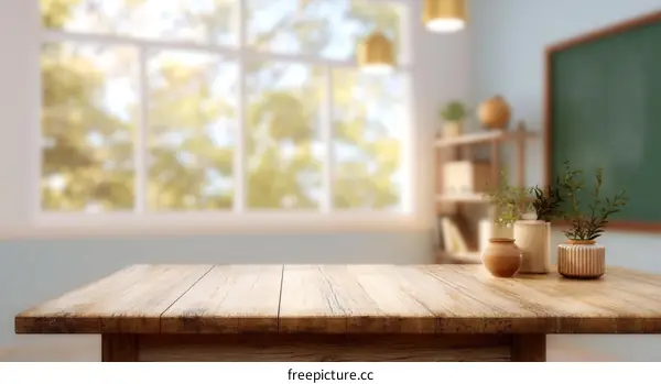 Wooden Tabletop Mockup in a Classroom Setting