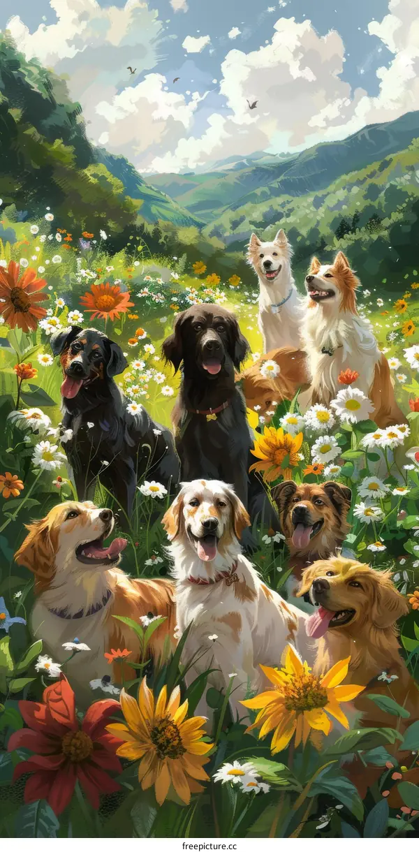 A group of dogs sitting in a field of flowers