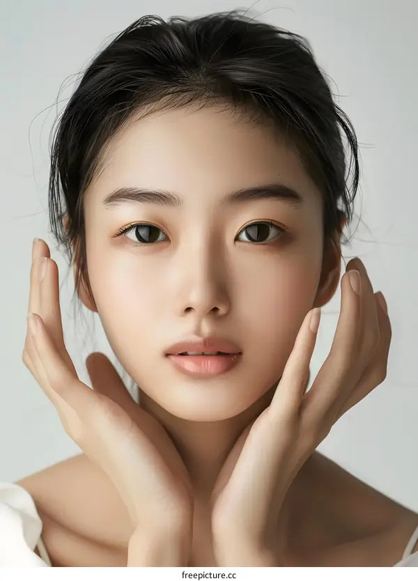 Portrait of Young Asian Woman with Hands on Face