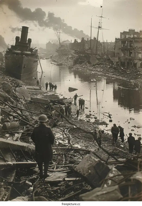 British troops survey the damage to the harbor at Ostend, Belgium, after a German air raid in May 1940.