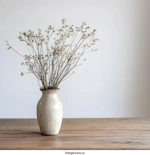 White Vase with Dried Flowers on Wooden Table