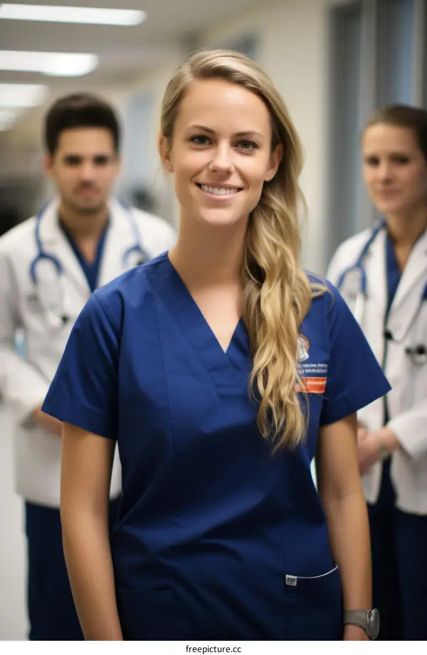 Three medical professionals posing for a photo in a hospital hallway