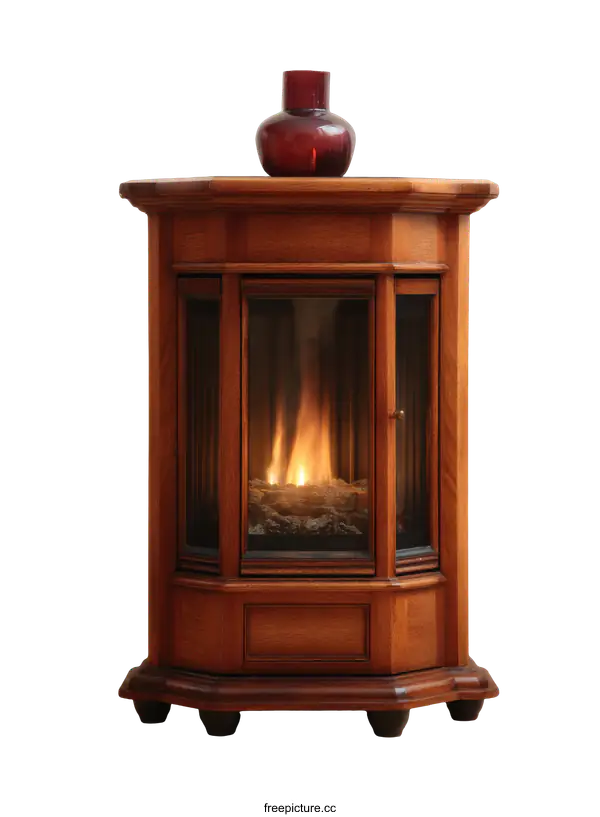 [Transparent Background PNG]Wooden Octagonal Fireplace with Flames