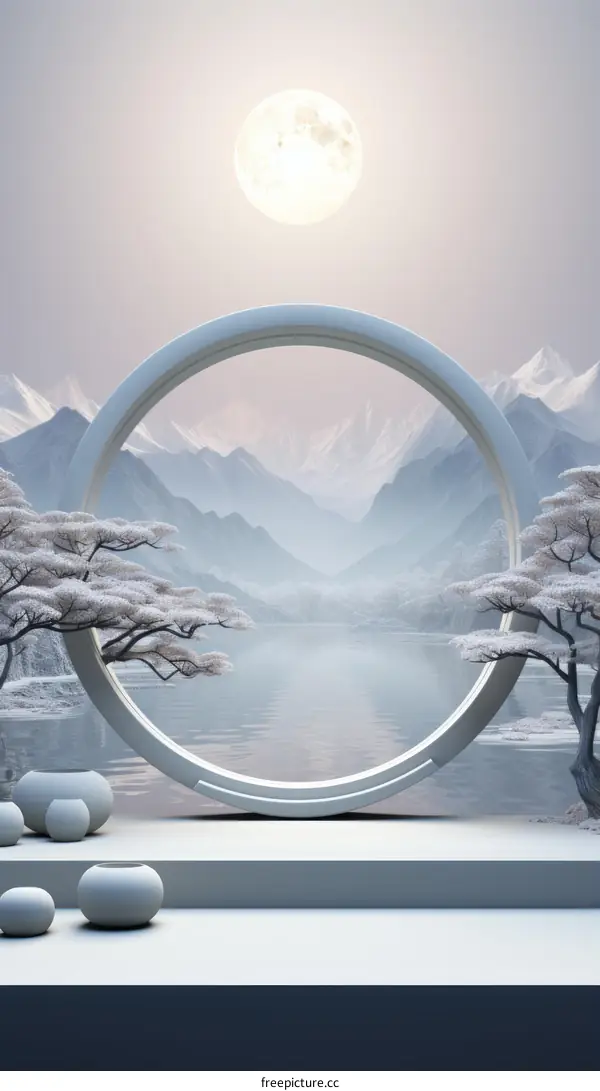 Moonlit Winter Forest Lake with Snow-Covered Trees and Circle Frame