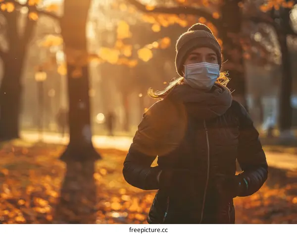 A woman wearing a mask is running in the park