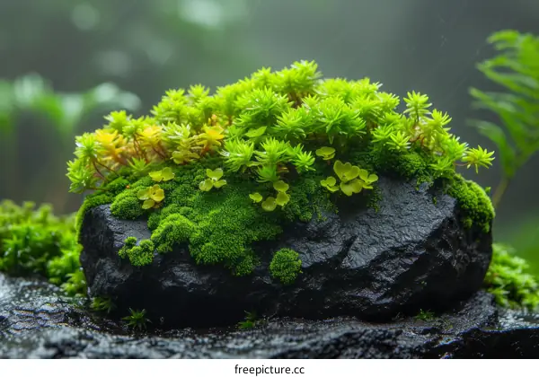 A close-up image of a moss-covered rock in a rainforest