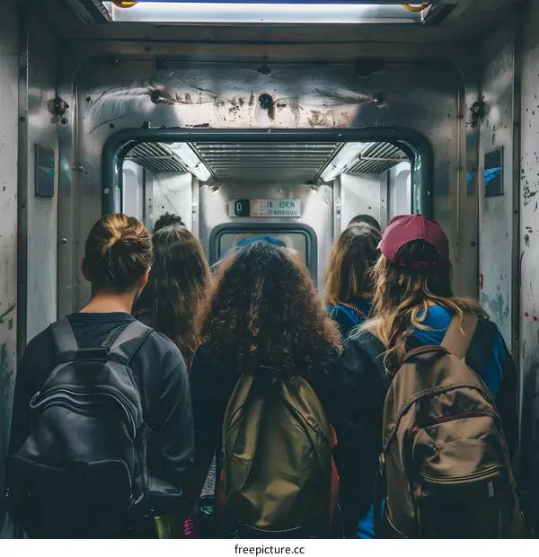 Group of People with Backpacks Standing in Train Doors