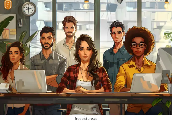 Group of diverse business professionals in casual clothing posing in a modern office space