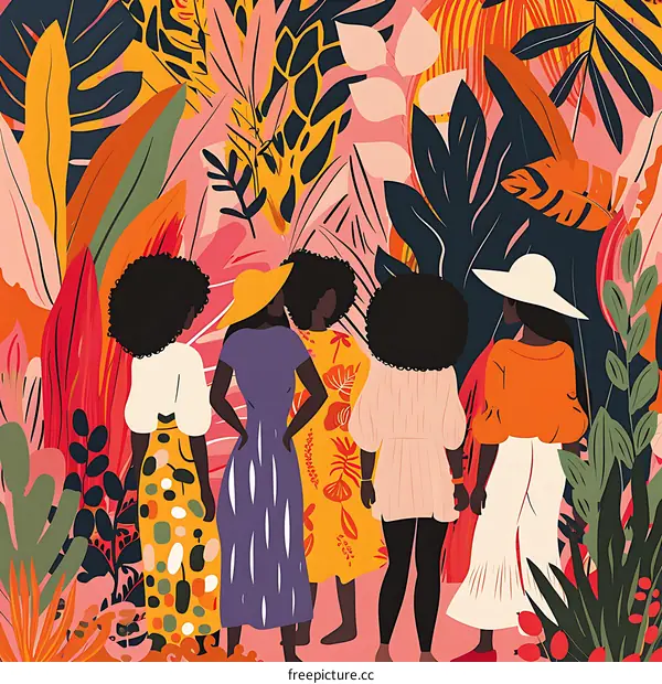 Black Women Friends In Tropical Garden Illustration