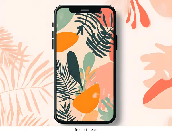Abstract Phone Wallpaper with Tropical Leaves and Shapes