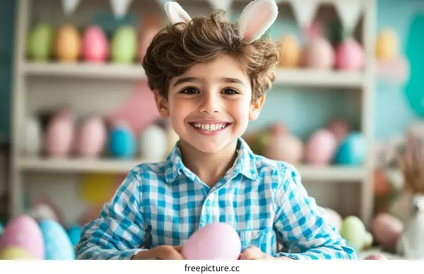 Smiling Boy with Easter Bunny Ears Holding Eggs