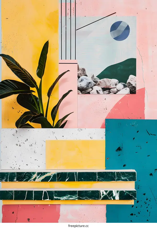 Abstract Minimalist Background with Green Plant and Colorful Geometric Shapes