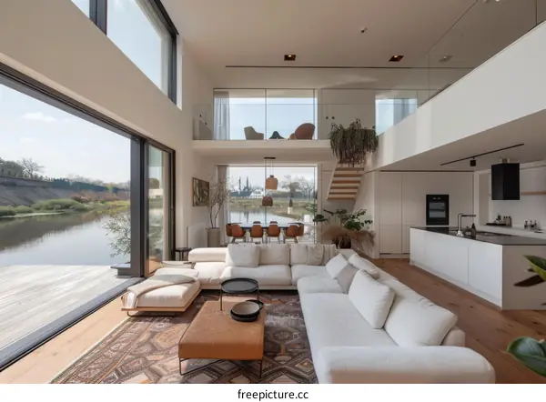 Modern house interior with large windows and open floor plan