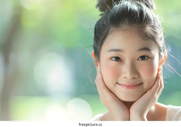 Portrait of a Smiling Asian Girl with Blurry Green Background