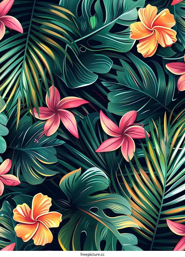 Tropical Leaves and Flowers Seamless Pattern