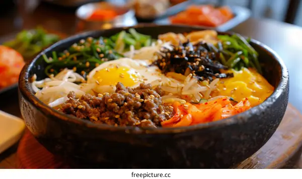 Korean Food Bibimbap With Egg And Beef
