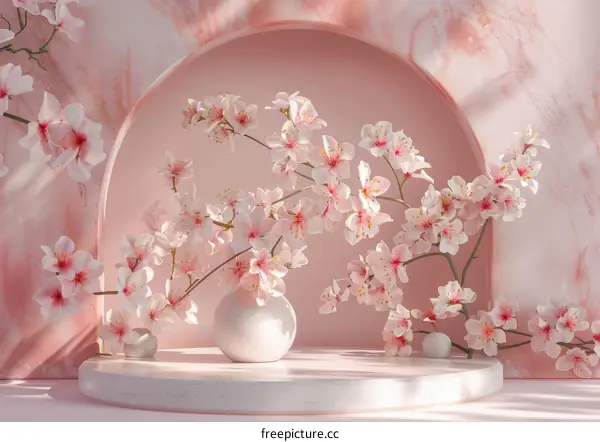 Pink Cherry Blossom Floral Arrangement on a Marble Backdrop