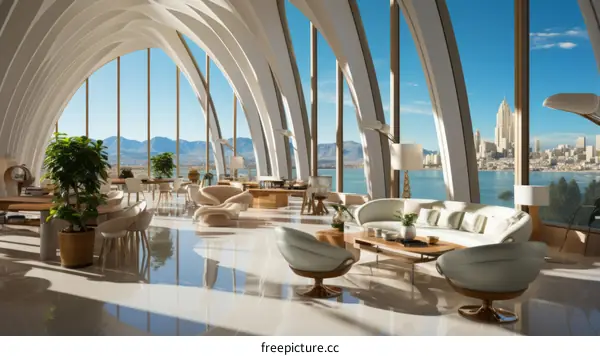 Modern bright interior space with large windows