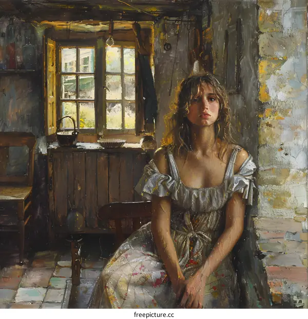 Portrait of a Young Woman in a Rustic Interior