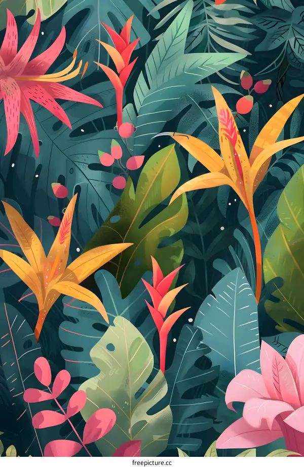 Colorful Tropical Leaves and Flowers Illustration