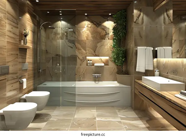 Modern Bathroom Interior Design with Wood and Marble