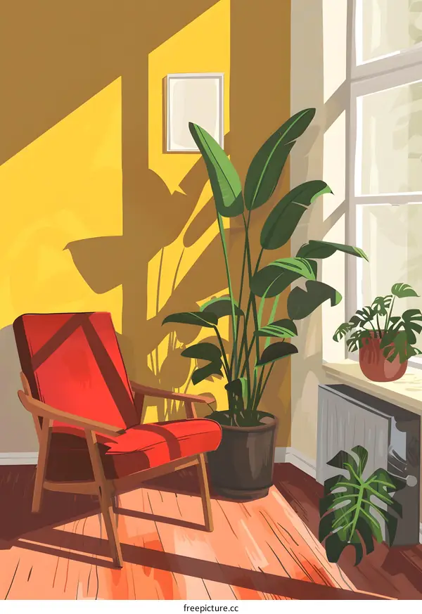 Sunlight Streaming Through Window Into Cozy Living Room with Red Chair and Plants