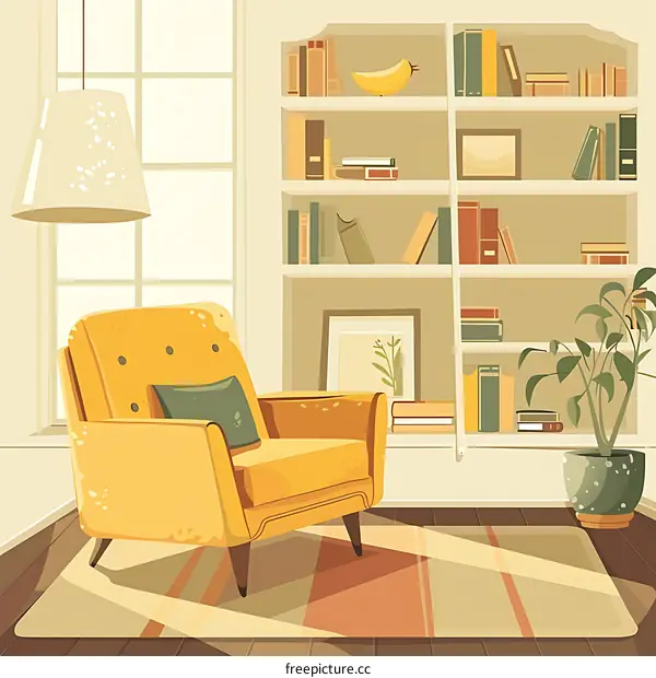 Cozy Living Room with Yellow Armchair and Bookshelf
