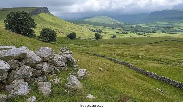 Panoramic View of a Rolling Green Valley with Stone Walls