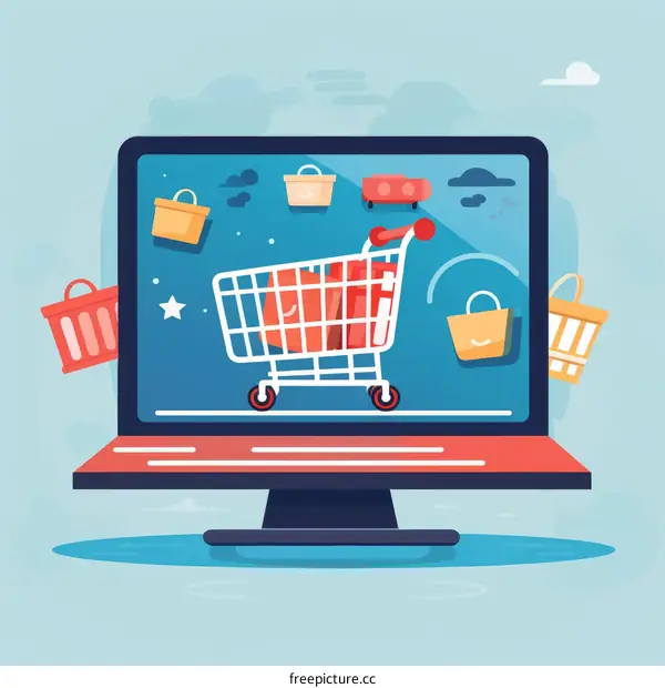 Online Shopping Illustration with a Shopping Cart and Various Items