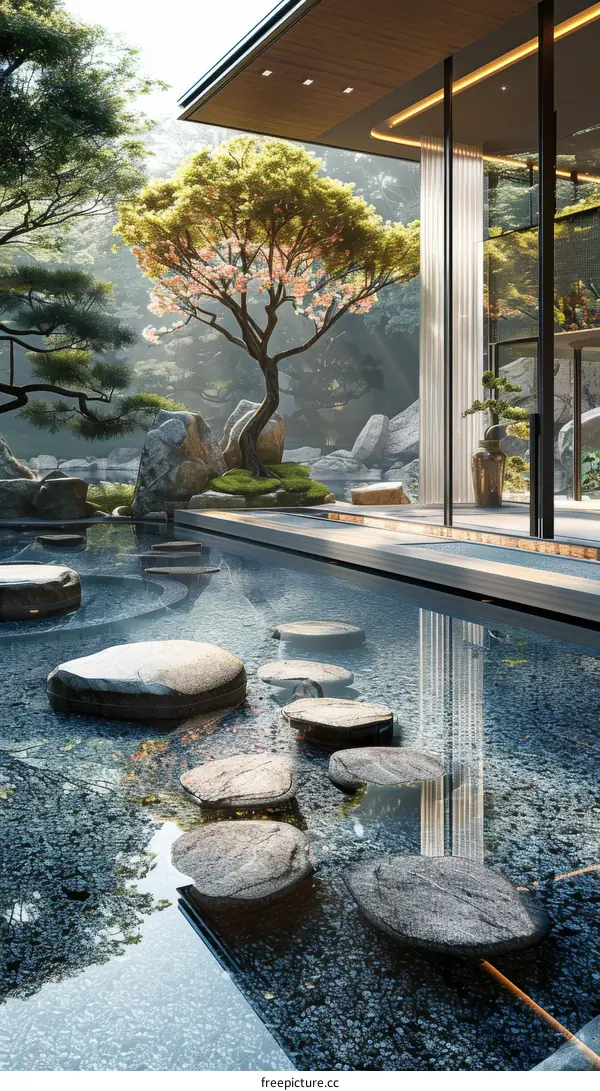 Tranquil Japanese Garden with Water Feature and Modern Architecture