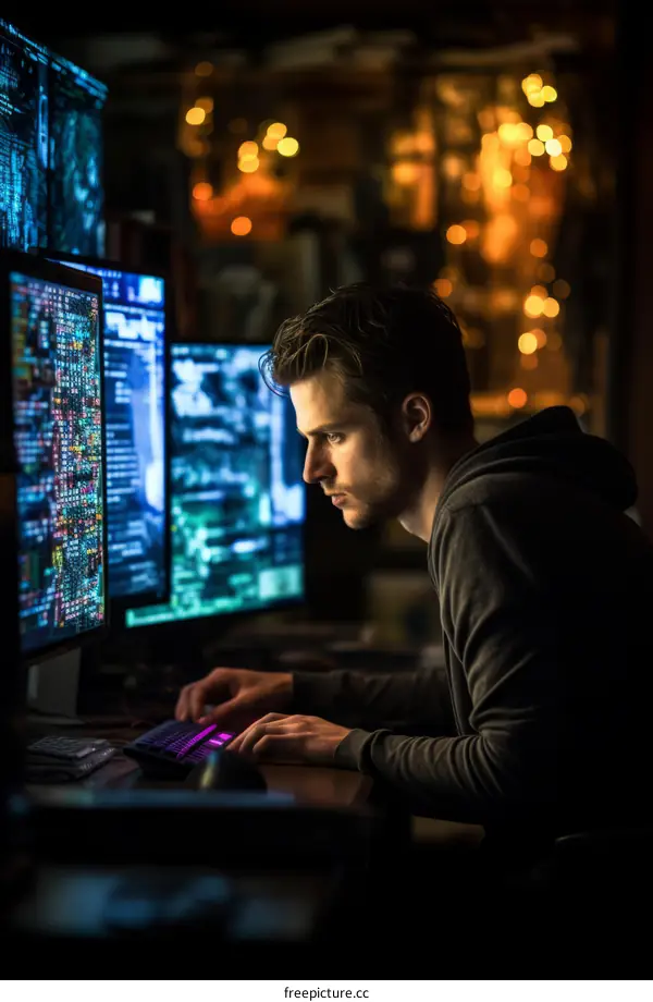 A young male hacker in a dark room working on multiple computers.