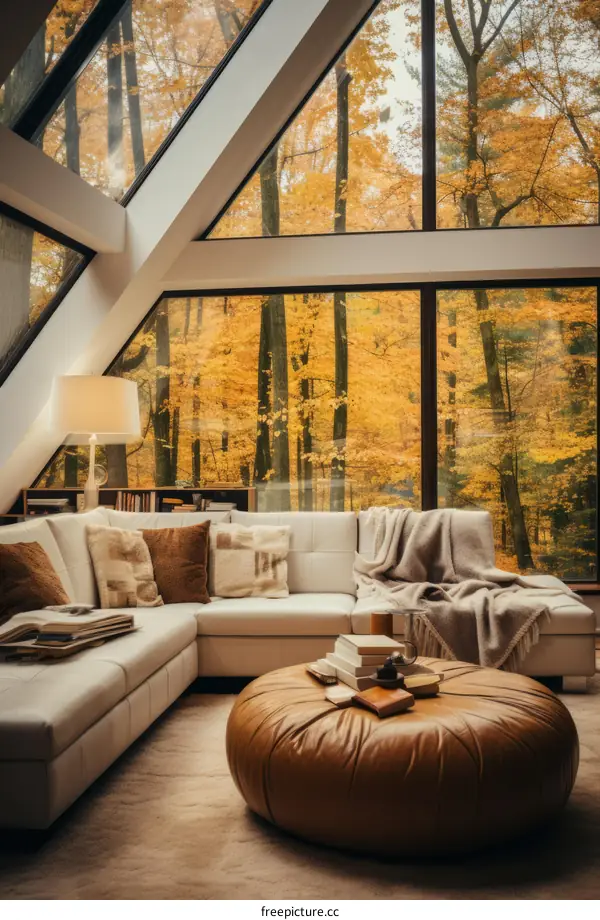 A modern and cozy interior with a forest view from the window