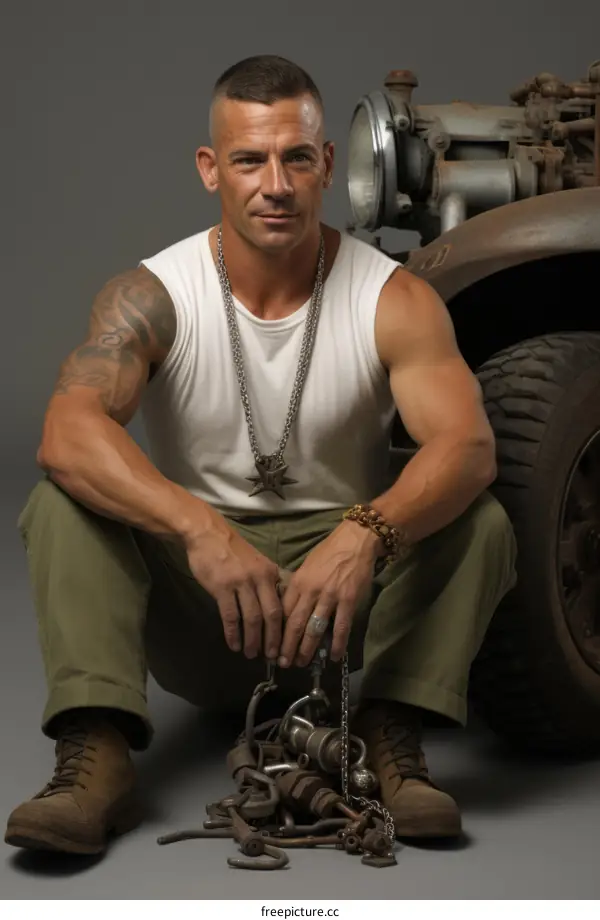 Portrait of a male mechanic with tattoos and a pensive expression