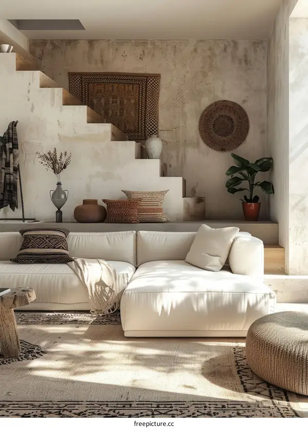 Modern living room interior with stairs and plants