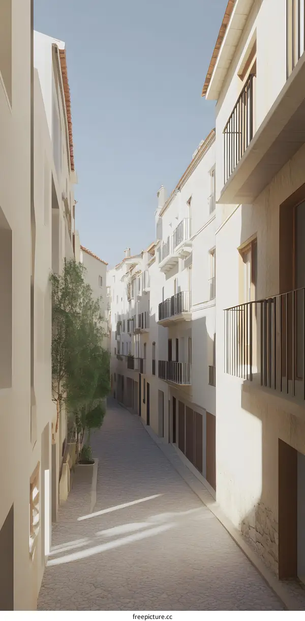 Narrow Street with White Buildings in a European Town