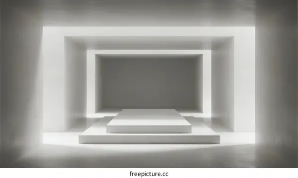 Minimalist white geometric structure with empty space and illuminated frames