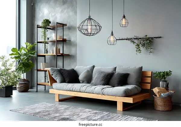 Modern Living Room with Wooden Sofa and Plants