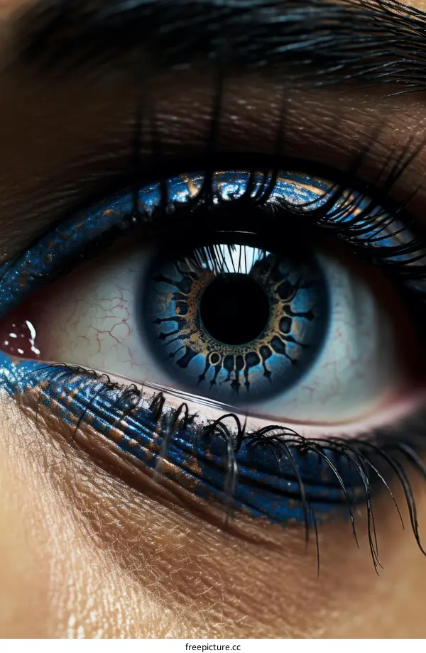 Blue eyeball with intricate golden pattern and blue veins