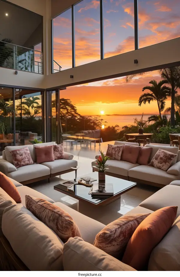 Modern living room with large windows with ocean view