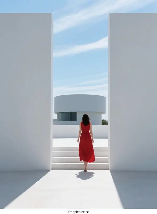 A woman in red dress standing in front of modern white architecture