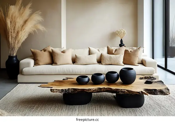Modern Minimalist Living Room with Rustic Coffee Table