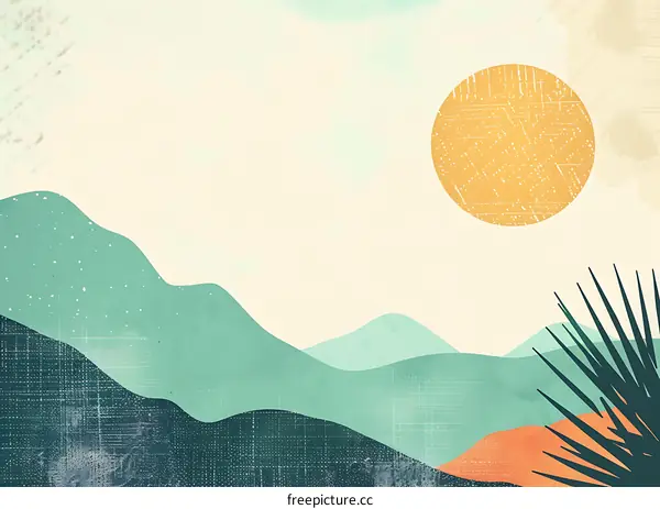 Minimalist Mountain Landscape Illustration With Sun and Palm Tree