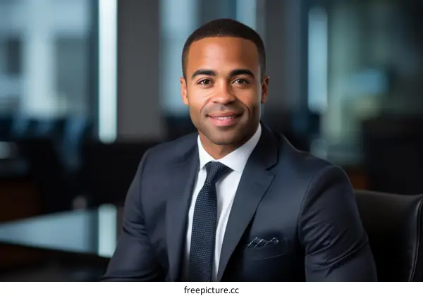 A young African-American professional man in a suit and tie smiles for a headshot.