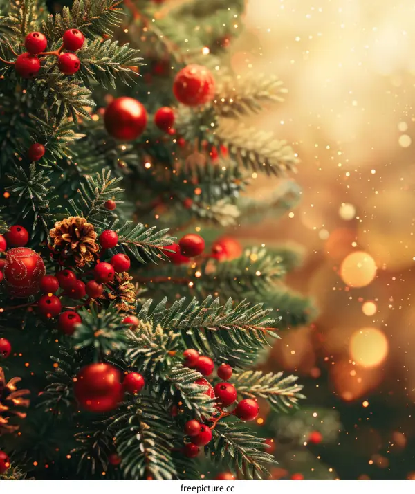 Sparkling Christmas Tree with Berries and Ornaments