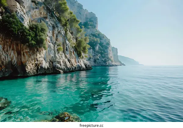 Clear Turquoise Water and Lush Green Cliffs Along the Coastline