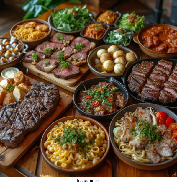 A table full of delicious food, including steak, pasta, and seafood