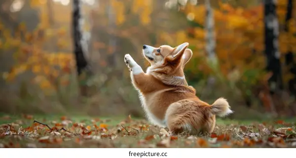 A cute dog is sitting in the woods with its paw up