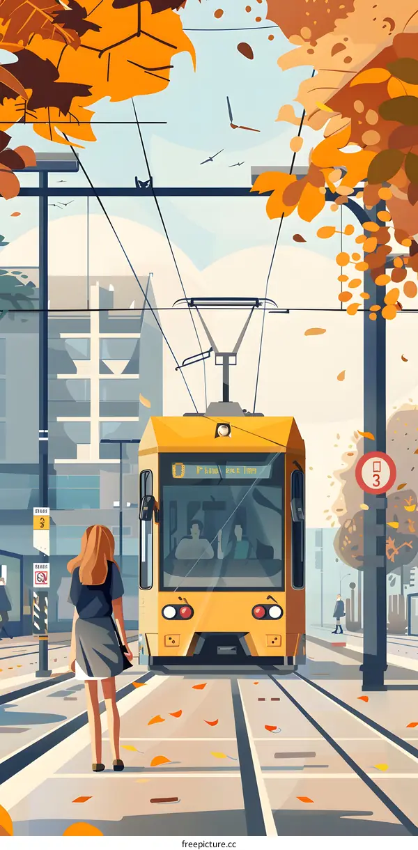 Autumn Tram Stop Illustration