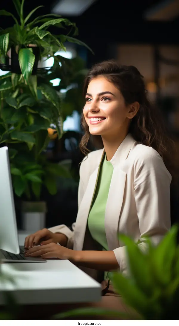 Young woman working on laptop in office surrounded by plants