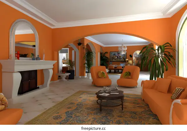 Orange Living Room with Arched Entryways and Comfortable Seating